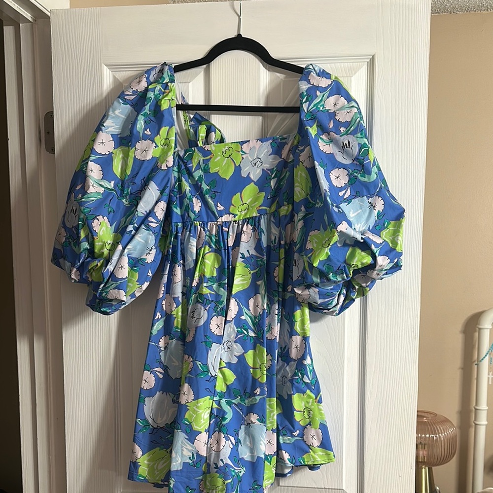 ASOS Floral Puff Sleeve Mini Dress - Blue and Green